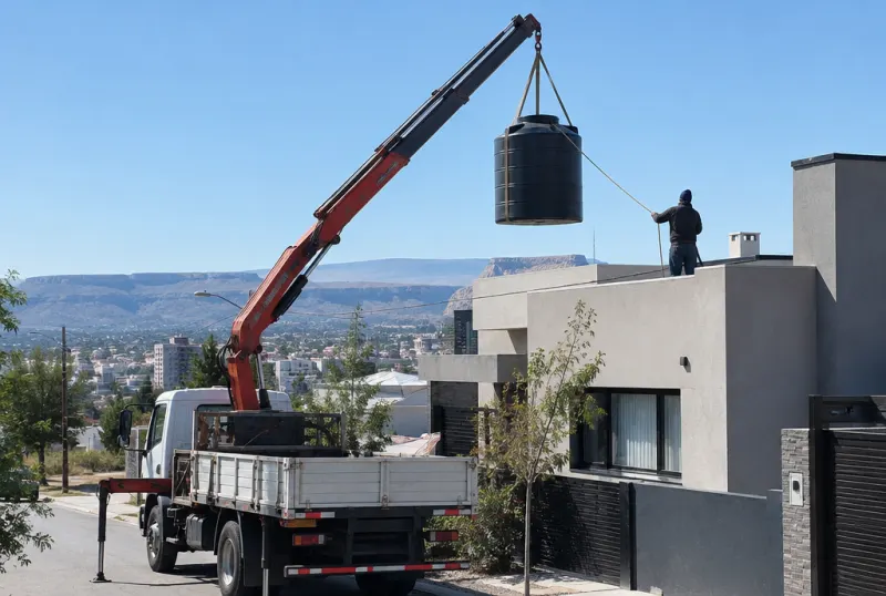 Hidrogrúa subiendo un tanque de agua en Neuquén